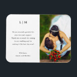 Simple Black and White Photo Elegant Wedding Magnet<br><div class="desc">Simple wedding favour magnet featuring a modern yet elegant design with your two letter monogram and your thank you message in black over a white background. To the right is your favourite picture. The text may be changed to any colours you wish. A chic and stylish design that is great...</div>