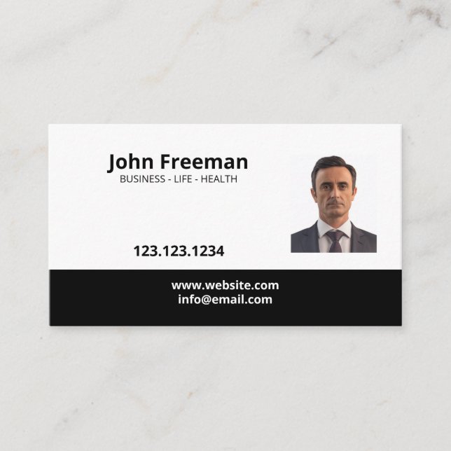 Simple Black and White Photo Insurance Agent Business Card (Front)