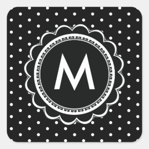 Simple Black and White Polka Dot Monogram Retro Square Sticker