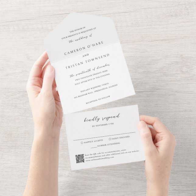 Simple Black and White QR Code Clean Wedding All In One Invitation (Tearaway)