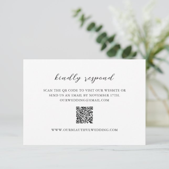 Simple Black and White QR Code Clean Wedding RSVP Card (Standing Front)