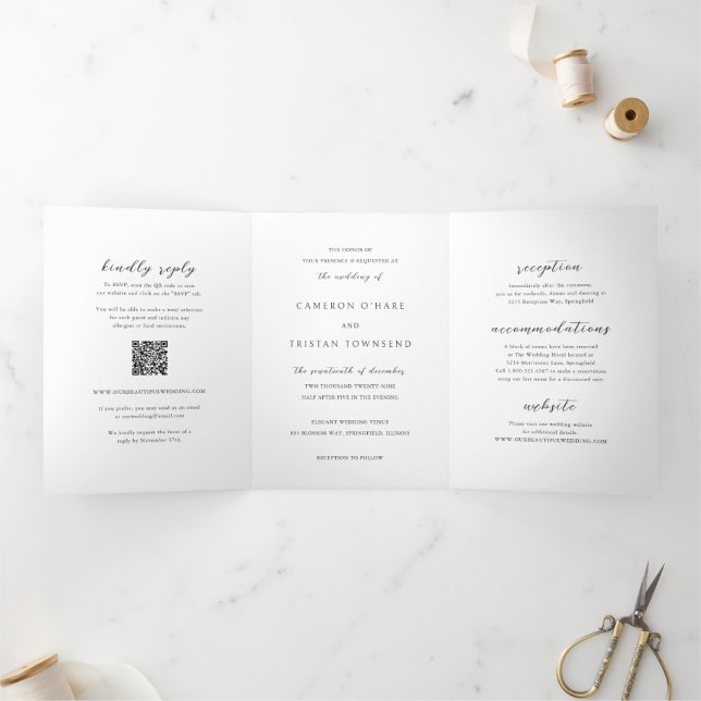 Simple Black and White QR Code Clean Wedding Tri-Fold Invitation (Inside)