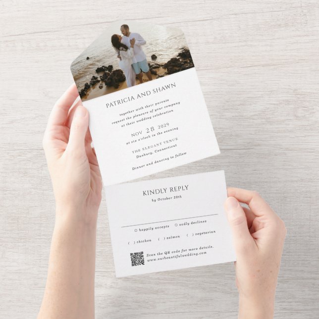 Simple Black and White QR Code Elegant Wedding All In One Invitation (Tearaway)