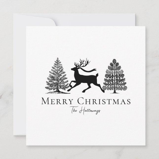 Simple Black and White Reindeer Evergreen Trees Holiday Card (Front)