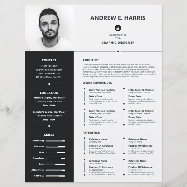 Simple Black and White Resume, CV + Letter (Front)
