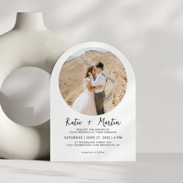Simple Black and White Round Photo Arch Wedding Invitation (Creator Uploaded)