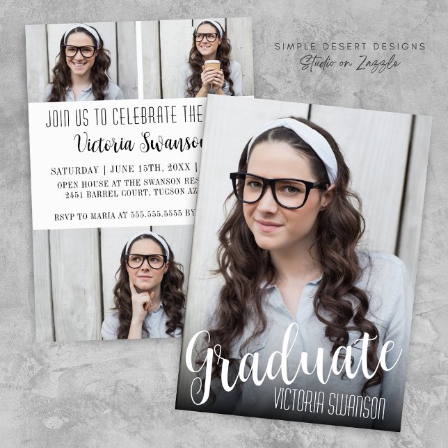 Simple Black and White Script 4 Photo Graduation Invitation (Trendy Simple Modern Black and White Graduation Invitation Announcement for High School or College)