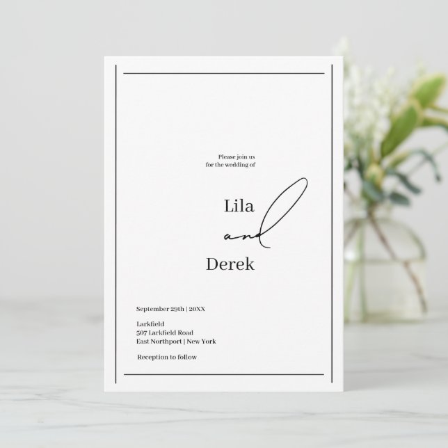 Simple Black and White Script Border Frame Wedding Invitation (Standing Front)