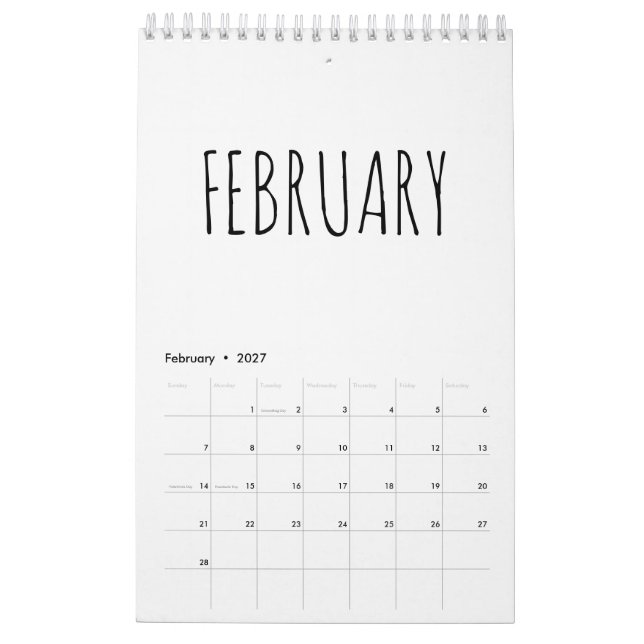 Simple Black and White Script Calligraphy Calendar (Feb 2027)