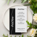 Simple Black and White Script Custom meals Wedding Menu<br><div class="desc">Simple Black and White Script Custom Meals Wedding Menu" – a classic and elegant addition to your wedding reception. This menu features a timeless black and white colour scheme with stylish script typography, allowing you to customise the meals according to your preferences. Customise the bride and groom's names, menu courses,...</div>