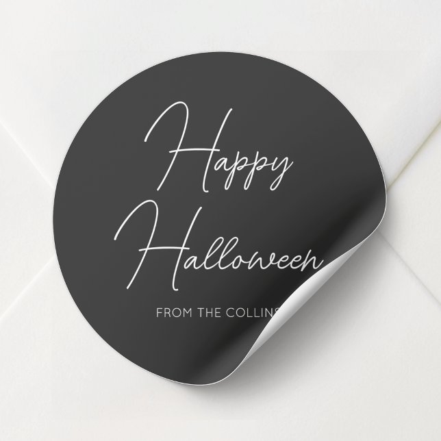Simple Black and White Script Happy Halloween Classic Round Sticker (Simple Black and White Script Happy Halloween Classic Round Sticker)