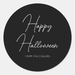 Simple Black and White Script Happy Halloween Classic Round Sticker