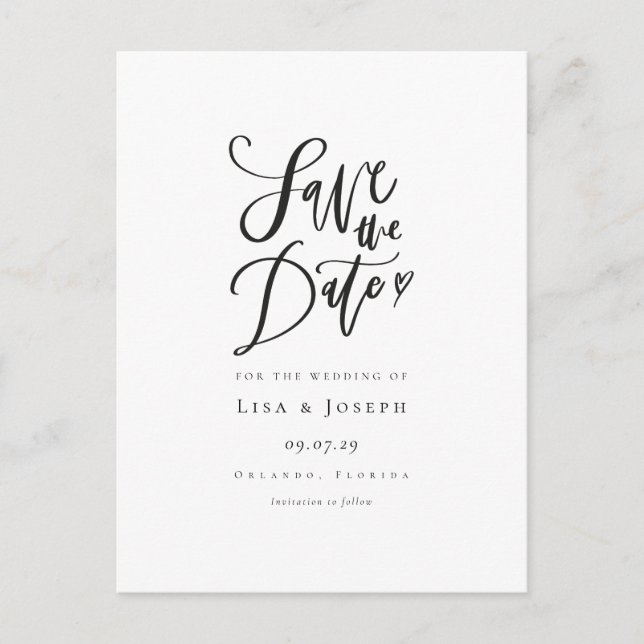 Simple Black and White Script Save the Date Announcement Postcard (Front)