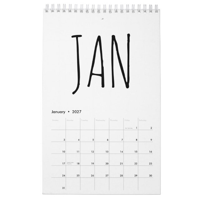 Simple Black and White Script Writing 2026 Calendar (Jan 2027)