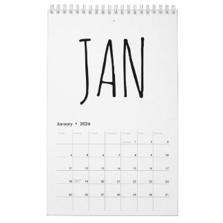 Simple Black and White Script Writing 2026 Calendar