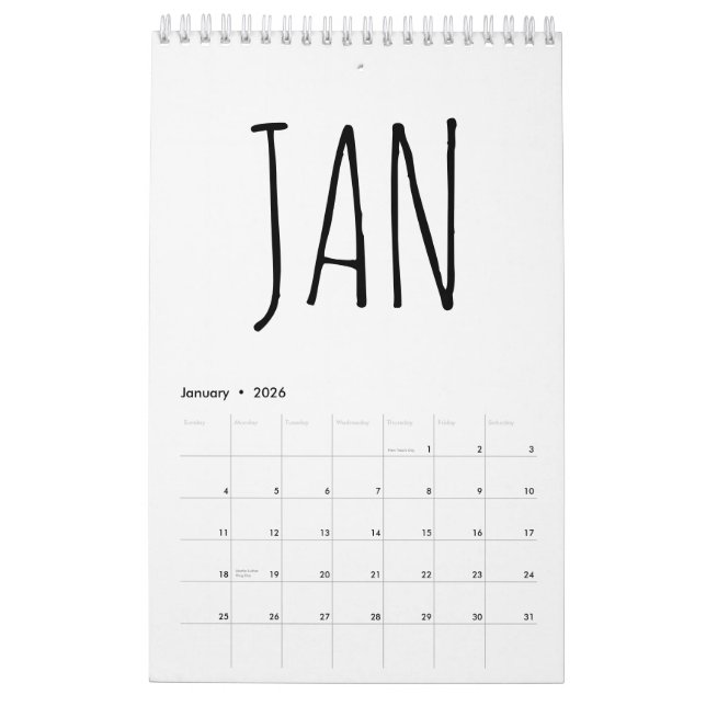 Simple Black and White Script Writing 2026 Calendar (Jan 2026)