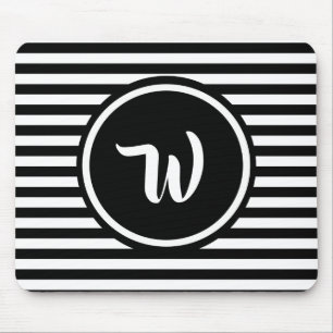 Simple Black and White Stripes Striped Initials Mouse Pad