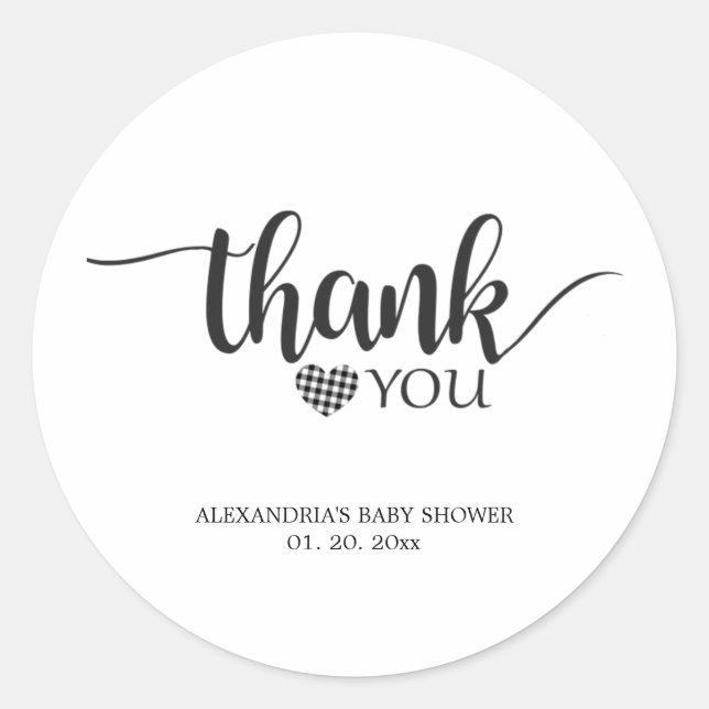 Simple Black and White Thank You Baby Shower Classic Round Sticker (Front)