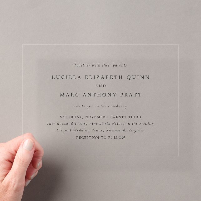 Simple Black and White Timeless Wedding Acrylic Invitations (Insitu (Handheld))