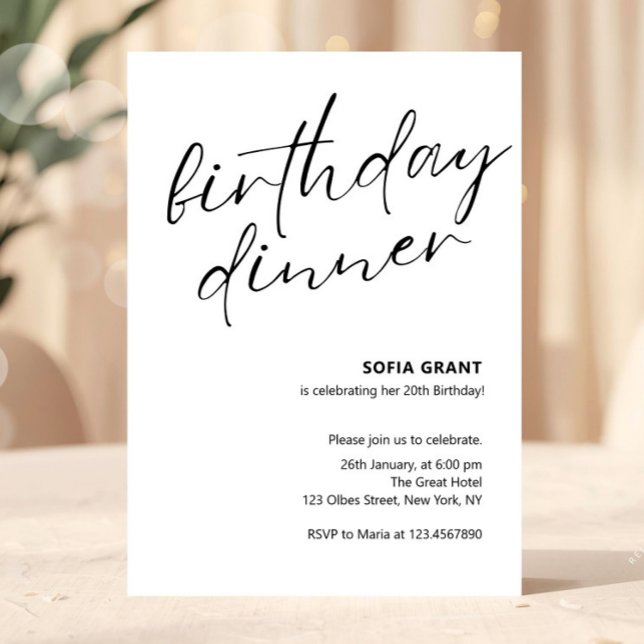 Simple Black and White Unisex Birthday Dinner Invitation (birthday dinner invitations, adult birthday dinner invites, any age, womens or mens birthday dinner,)
