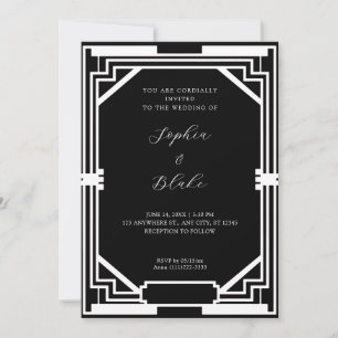 Simple Black and White Vintage Art Deco Wedding Invitation