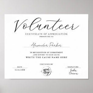 Simple Black And White Volunteer Certificate Award Poster