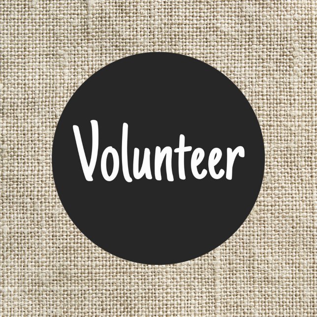 Simple Black and White Volunteer Classic Round Sticker (Black round volunteer badge sticker with white letters.)