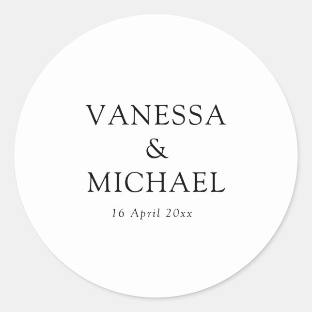 Simple black and white wedding classic round sticker (Front)