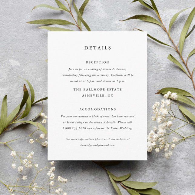 Simple Black and White Wedding Details Enclosure Card (Simple minimalist black and white wedding details enclosure card.)