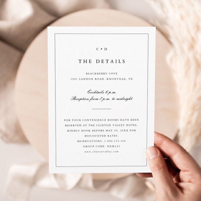 Simple Black and White Wedding Monogram Details  Enclosure Card (Simple Monogram Wedding Details Enclosure Cards.)