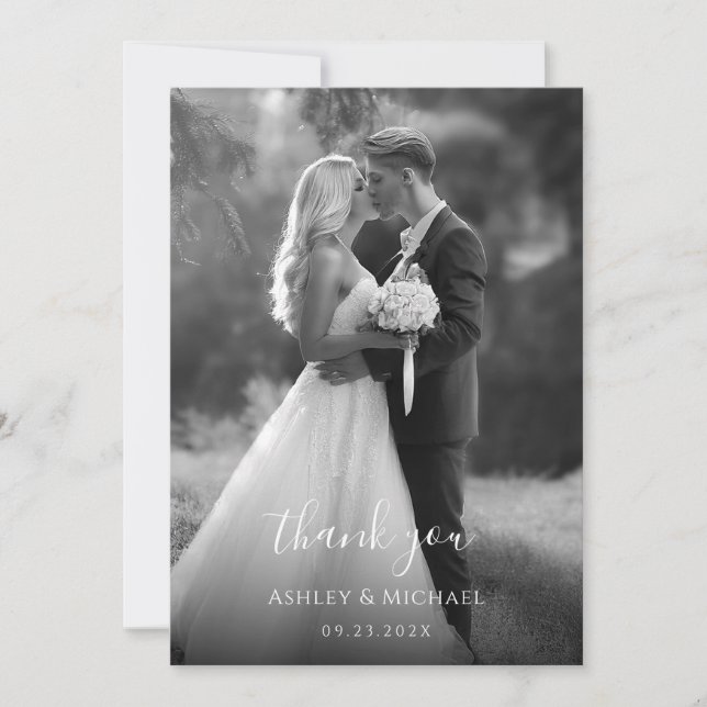 Simple Black and White Wedding Photo Modern Script Thank You Card (Front)
