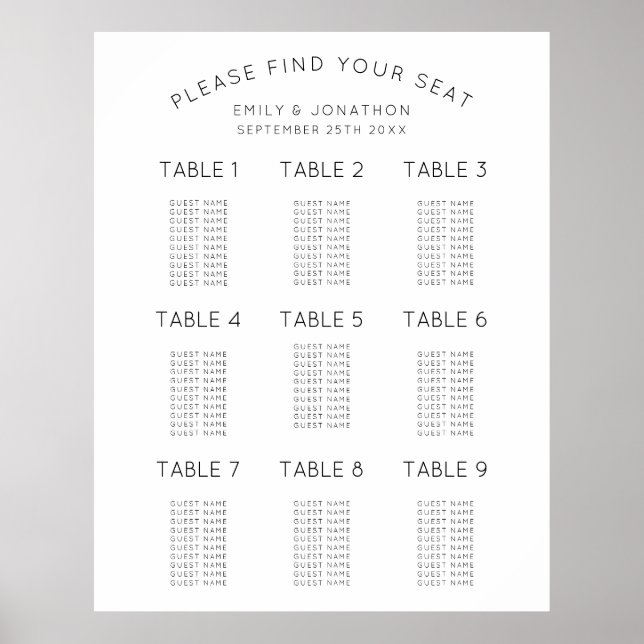 Simple Black and White Wedding Seating Chart (Front)