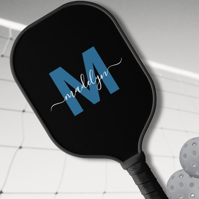 Simple Black Blue Letter Name Monogram Pickleball Paddle (Simple Black Blue Letter Name Monogram Pickleball Paddle)