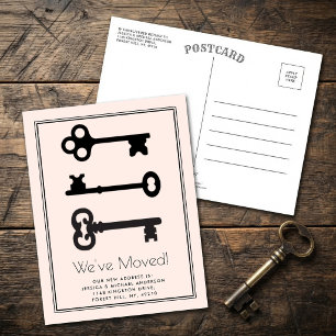 Simple Black Blush Minimal Key Moving Announcement Postcard