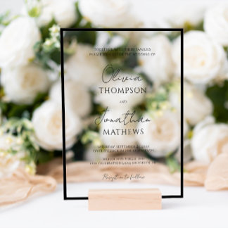 Simple Black Border White Script Wedding Acrylic Invitations
