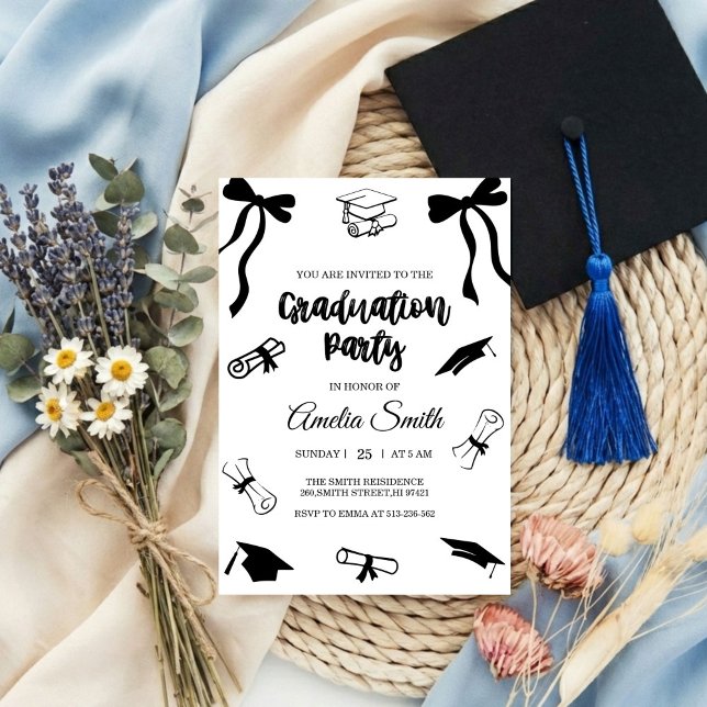 Simple  Black Bow graduation party invitation (Creator Uploaded)