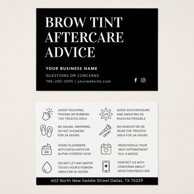 Simple Black Brow Tint Aftercare Instructions Card (Front & Back)