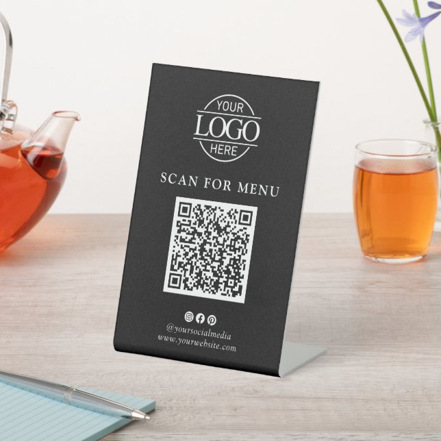 Simple Black Business Logo Contactles QR Code Menu Pedestal Sign (In SItu)