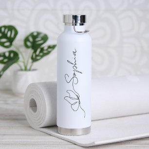 Simple Black Butterfly Line Art Custom Name Water Bottle