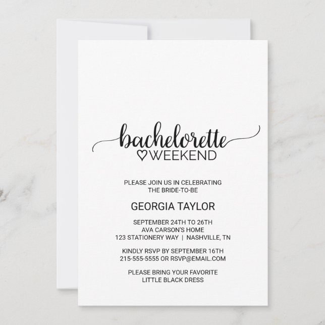 Simple Black Calligraphy Bachelorette Weekend Invitation (Front)