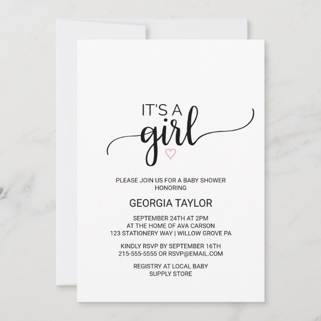 Simple Black Calligraphy | Blush Pink  It's A Girl Invitation (Front)
