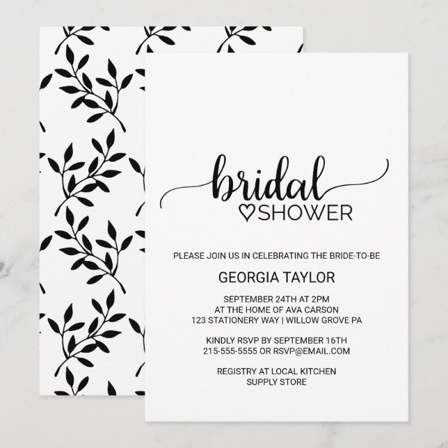 Simple Black Calligraphy Bridal Shower Invitation (Front/Back)