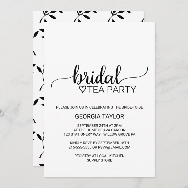 Simple Black Calligraphy Bridal Tea Party Invitation (Front/Back)