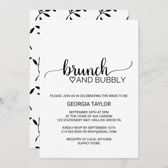 Simple Black Calligraphy Brunch and Bubbly Invitation (Front/Back)