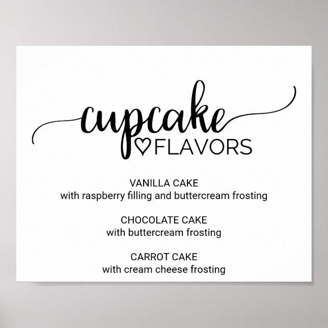 Simple Black Calligraphy Cupcake Flavors Sign (Front)
