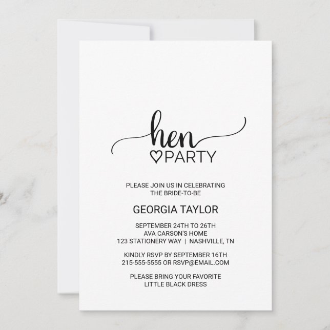 Simple Black Calligraphy Hen Party Invitation (Front)