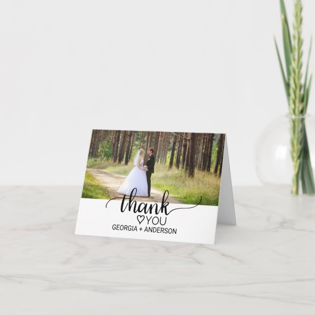 Simple Black Calligraphy Wedding Photo Thank You Card (Front)