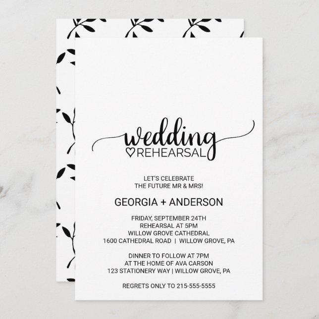 Simple Black Calligraphy Wedding Rehearsal Invitation (Front/Back)