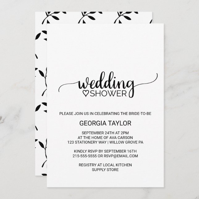 Simple Black Calligraphy Wedding Shower Invitation (Front/Back)