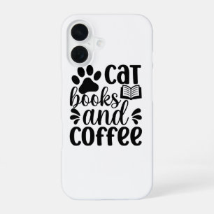 Simple Black "Cat Books and Coffee" Lover Gift iPhone 16 Case